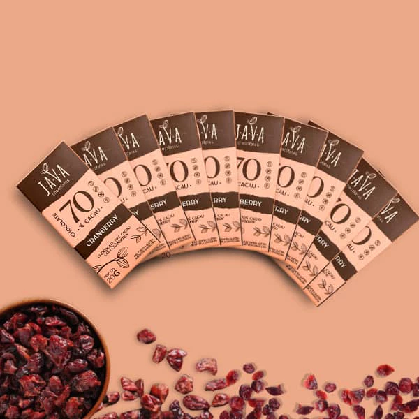 Chocolate funcional 70% Cacau com CRANBERRY - PACK com 10 tabletes de 20g (mini chocolates)