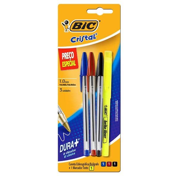 Kit BIC com 3 canetas esferográficas BIC Cristal Dura + Ponta Média, 1 marcador de texto Fluorescente amarelo BIC Marking, 971070 - BT 3 UN