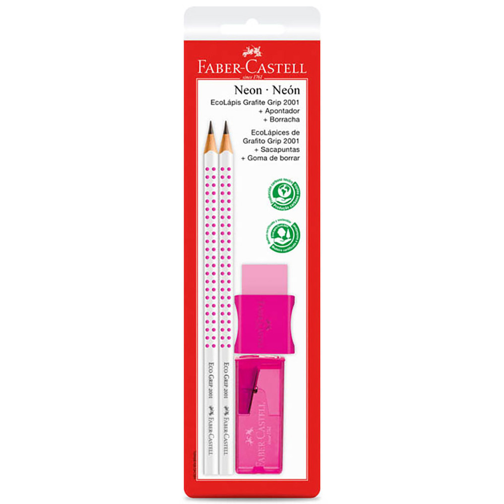 Lápis preto Neon Rosa SM/2001FARS\370450 com 2 lápis 1 borracha e 1 apontador Faber-Castell