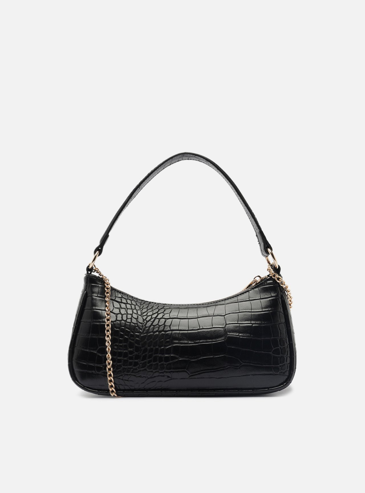 Foto 3 de Bolsa Tiracolo Preta Pequena Croco Alça Corrente