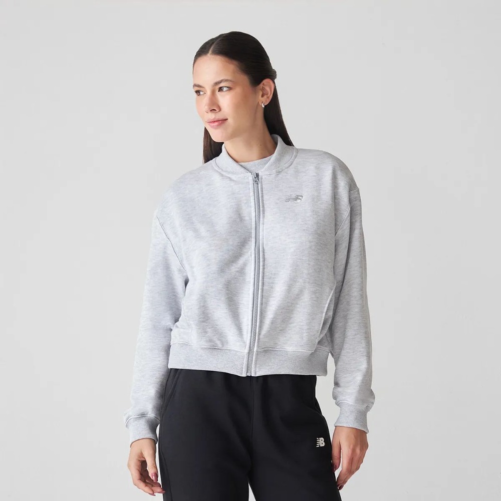 Jaqueta New Balance French Terry Bomber Ash Heather Feminino — PP / G, Novo