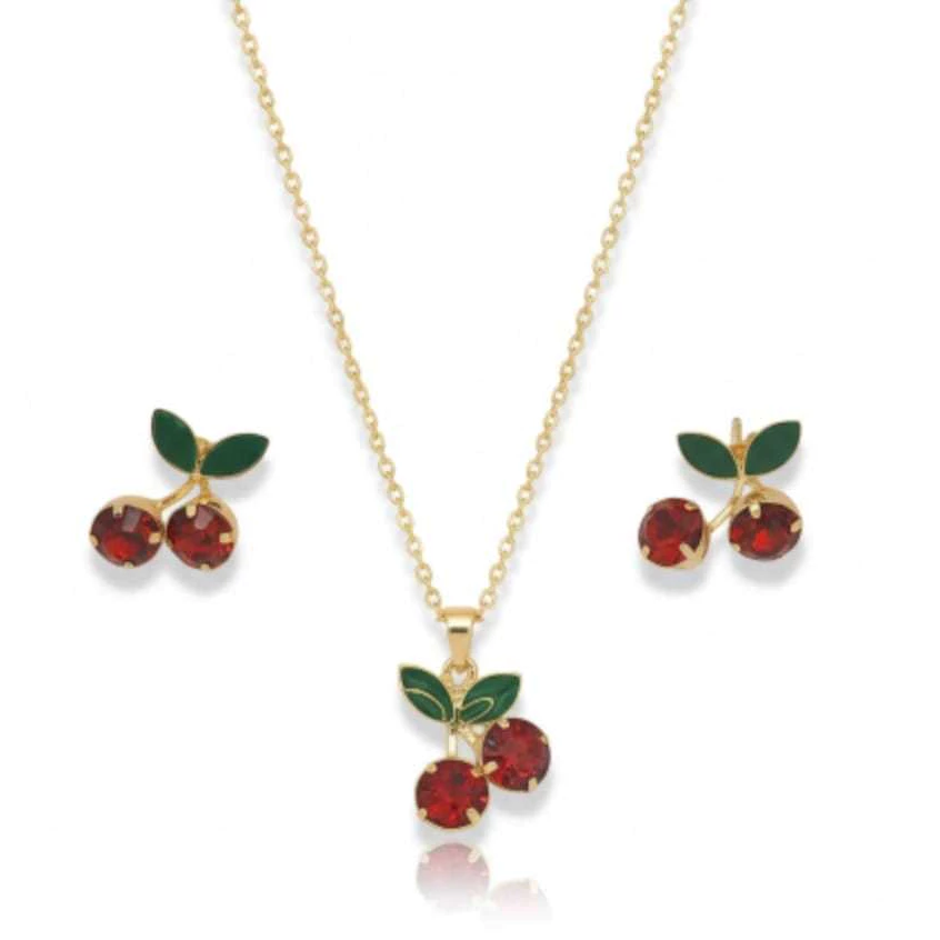 Conjunto Colar E Brincos Cereja Folheados a Ouro e Prata / Cherry Necklace