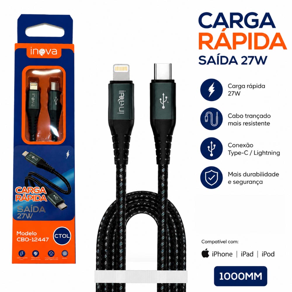 Cabo Lightning para USB-C Inova CBO-12447 27W Carga Rápida 1 Metro