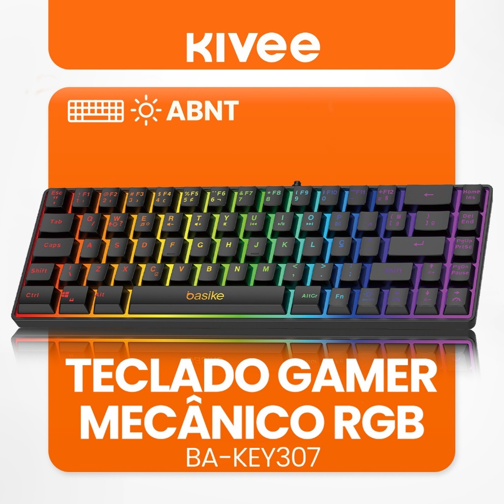 Kivee X Basike Teclado Gamer Mini Compacto de 60% Iluminação RGB Com Fio Layout ABNT2 Conexão USB-C KEY307
