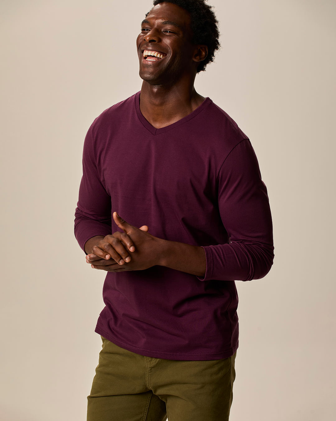 Camiseta Básica Masculina Decote V Manga Longa Em Algodão — Vermelho - XGG