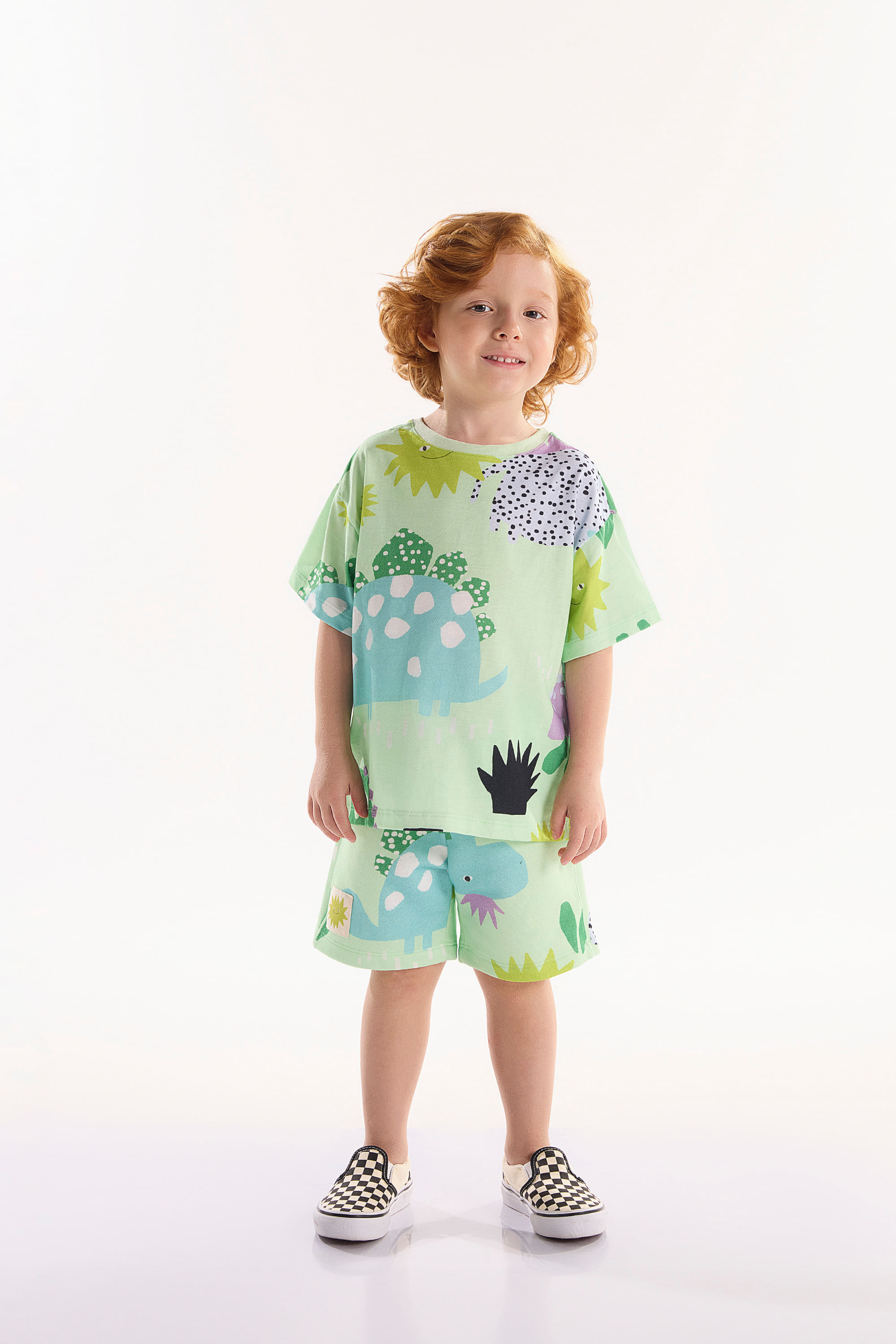 Conjunto Dino Infantil Masculino com Camiseta e Bermuda (Verde) Três e Já — 01