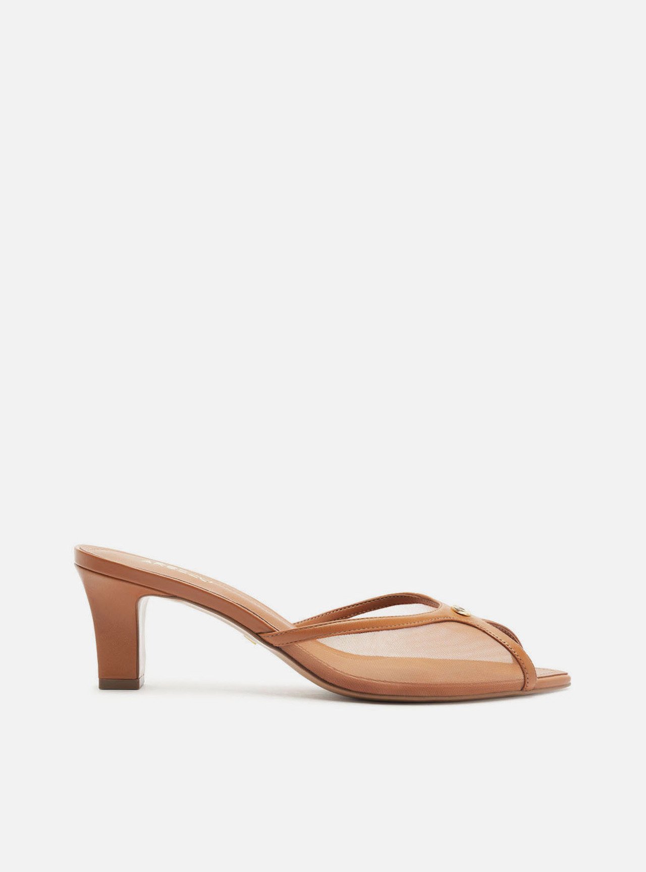 Mule Nude Tela Salto Bloco Baixo Peep Toe