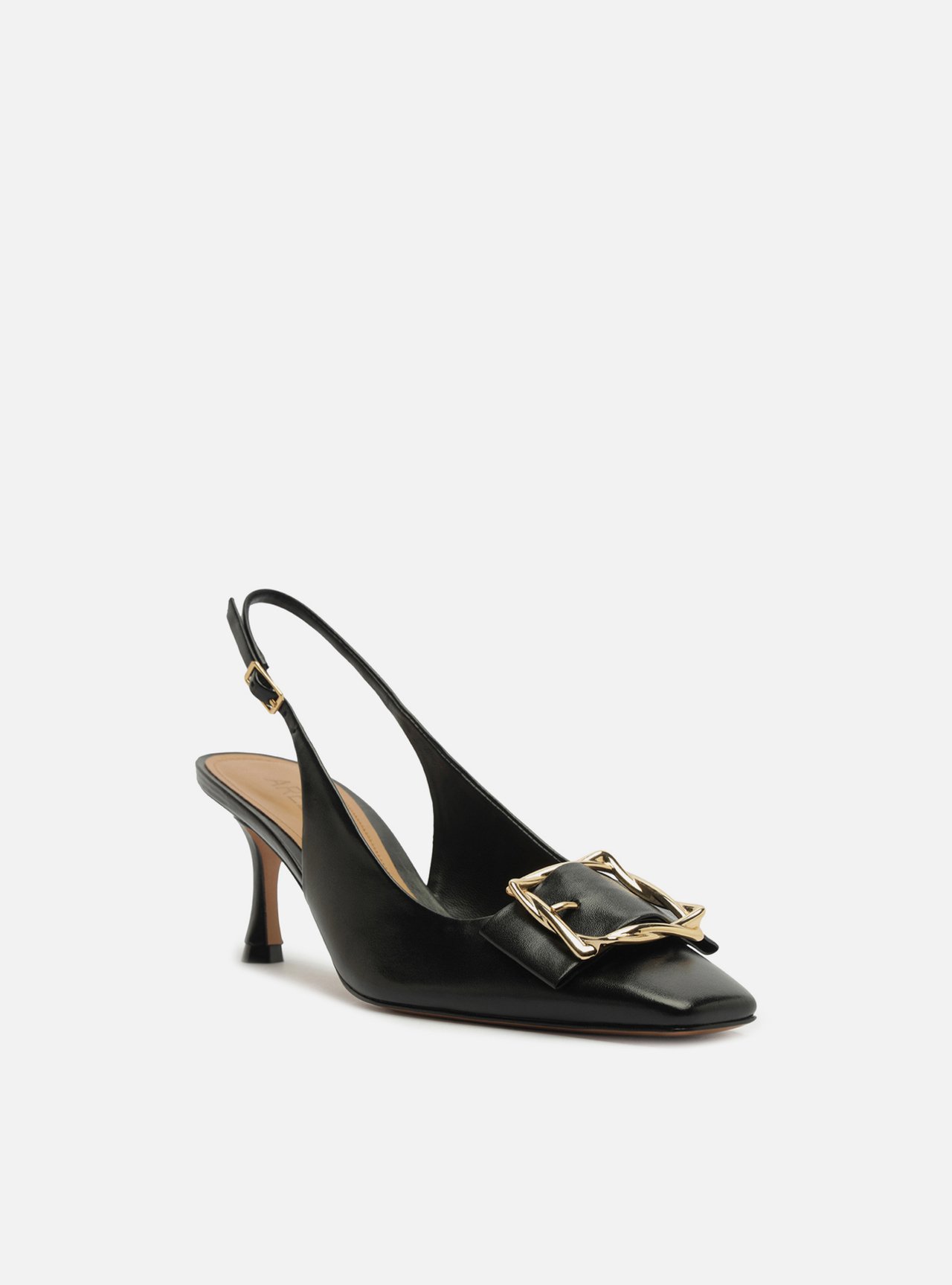 Foto 2 de Scarpin Preto Couro Slingback Salto Médio Fivela