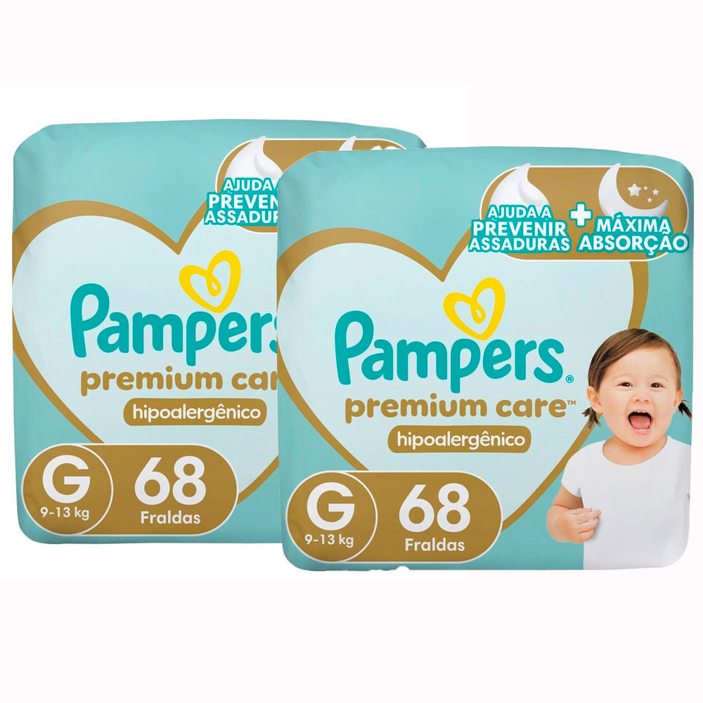 Kit 2 Fralda Pampers Premium Care Tamanho G Pacote Hiper 68 Unidades Descartáveis