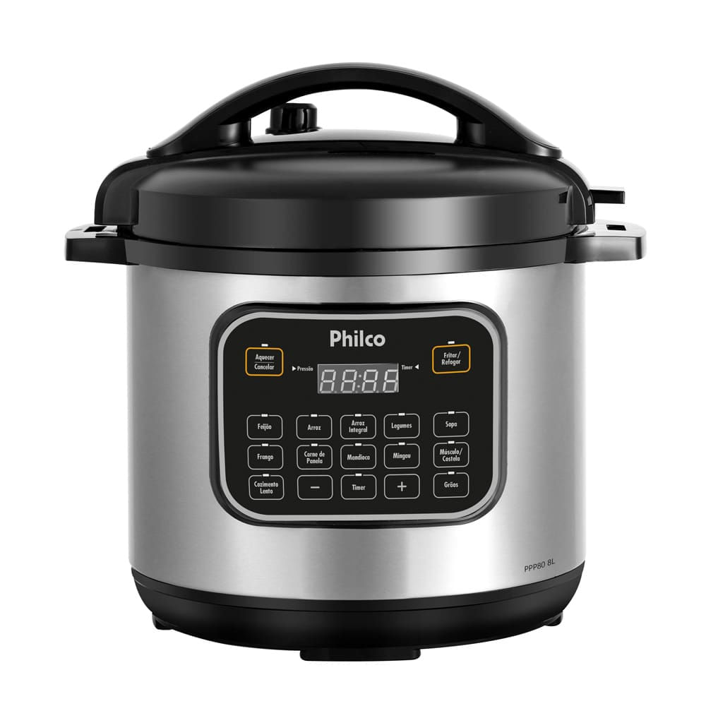 Panela de Pressão Elétrica Philco PPP80 Multifuncional com 12 Funções, Painel Digital e Timer Programável 1200W - 8 litros Inox,Preto / 110