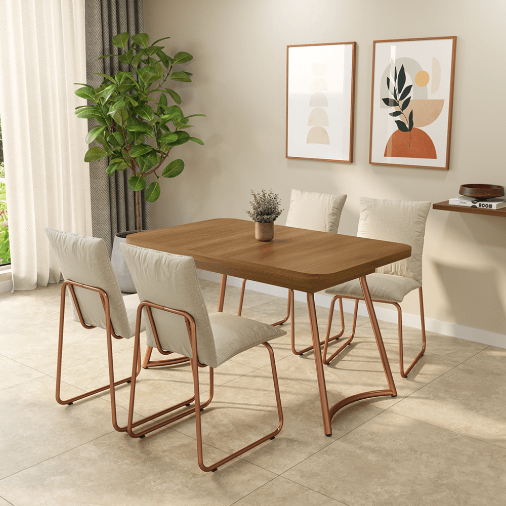 Conjunto Sala de Jantar 4 Cadeiras Amara Carraro Nogal Rosê