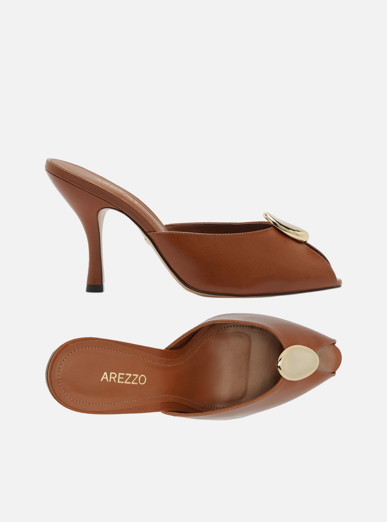 Foto 5 de Mule Peep Toe Marrom Couro Salto Alto Metal