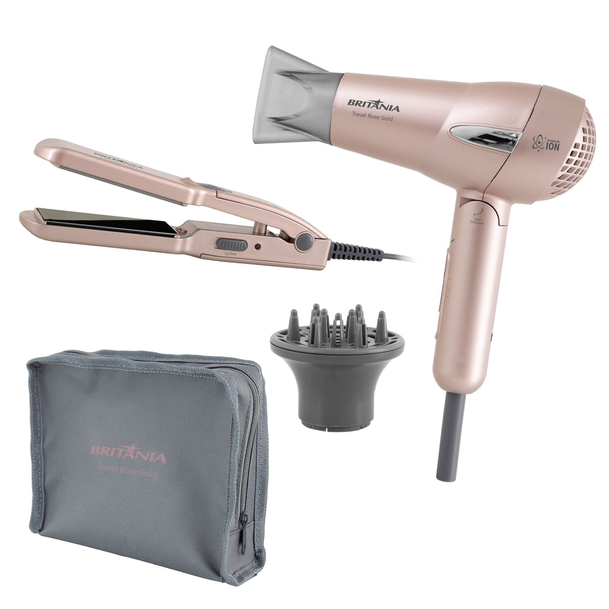 Kit Britânia Travel Rose Gold - Secador + Prancha Bivolt