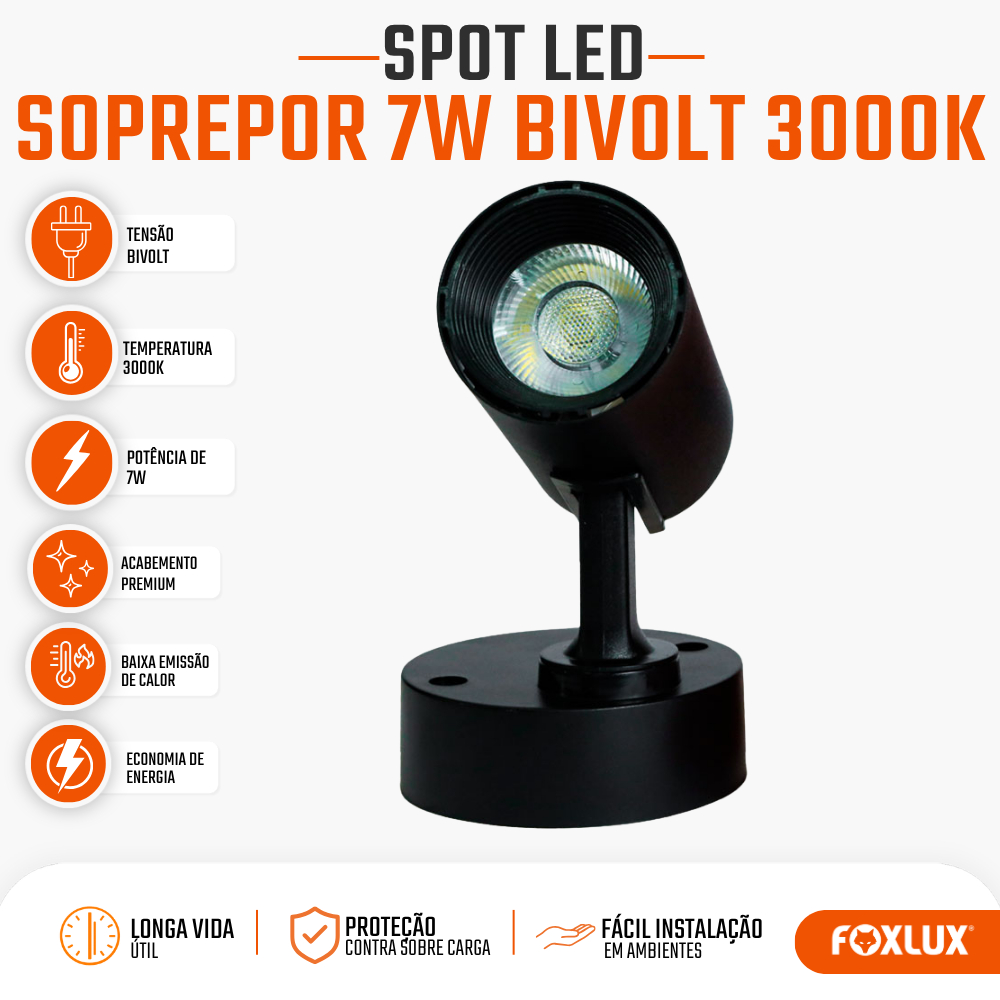 Spot LED Direcionável 7W Foxlux Sobrepor 3000K Branco Quente Bivolt