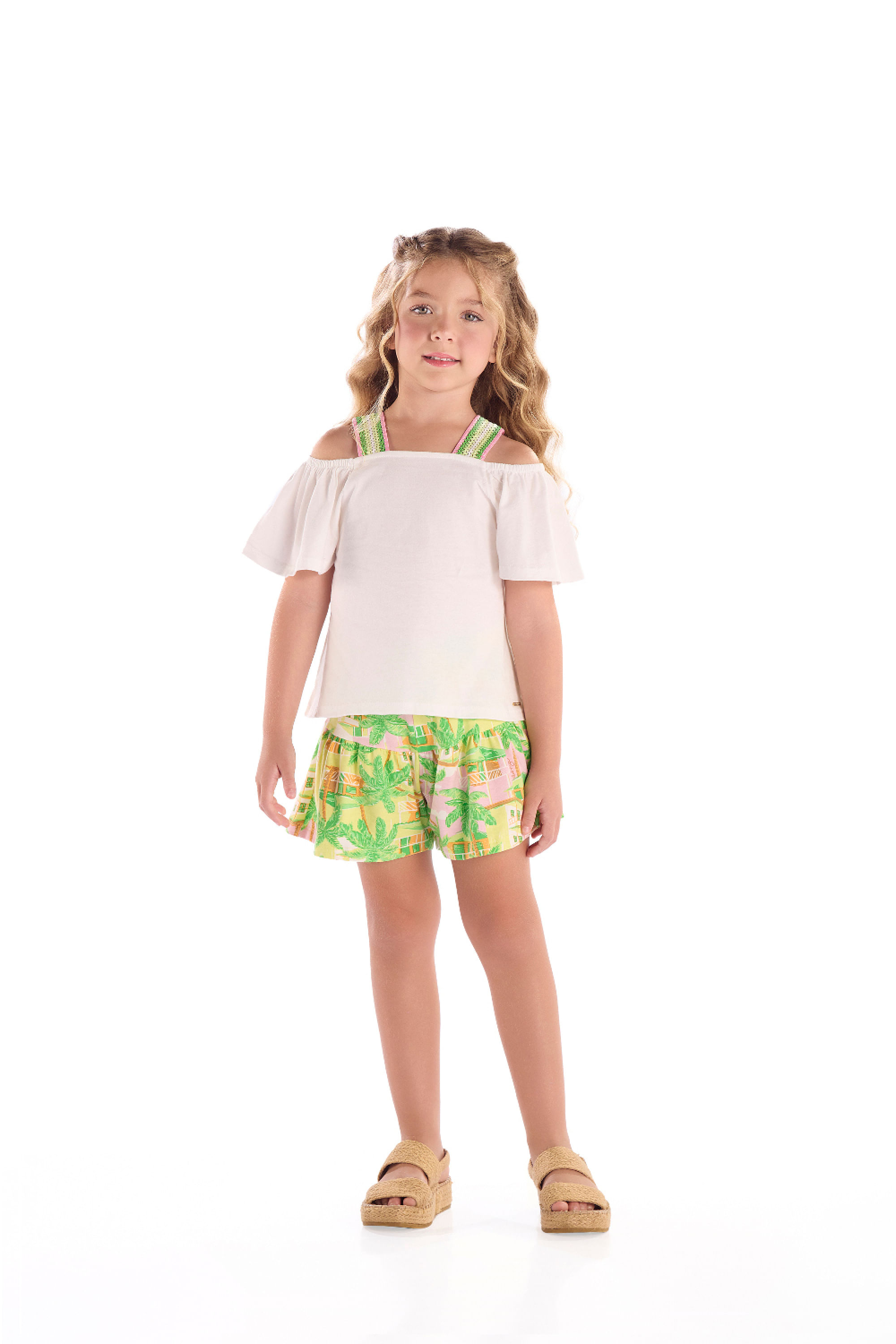 Conjunto Infantil Bata de Algodão e Short Floral (Off White) Quimby — 04
