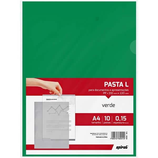 Pasta plástica em L, PP, 0,15mm, A4, Verde, Spiral - PT 10 UN