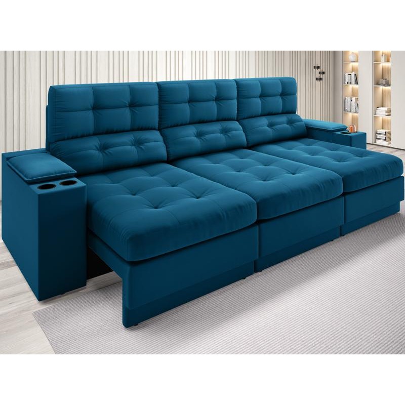 Sofá com Porta Copos e Carregador USB Eureka 2,30m Assento Retrátil e Reclinável Velosuede Royal - NETSOFAS