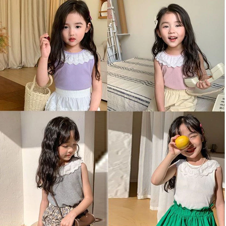 Meninas camiseta colete superior 2026 novo estilo bonito dos desenhos animados topo crianças usar gola de renda fina sem