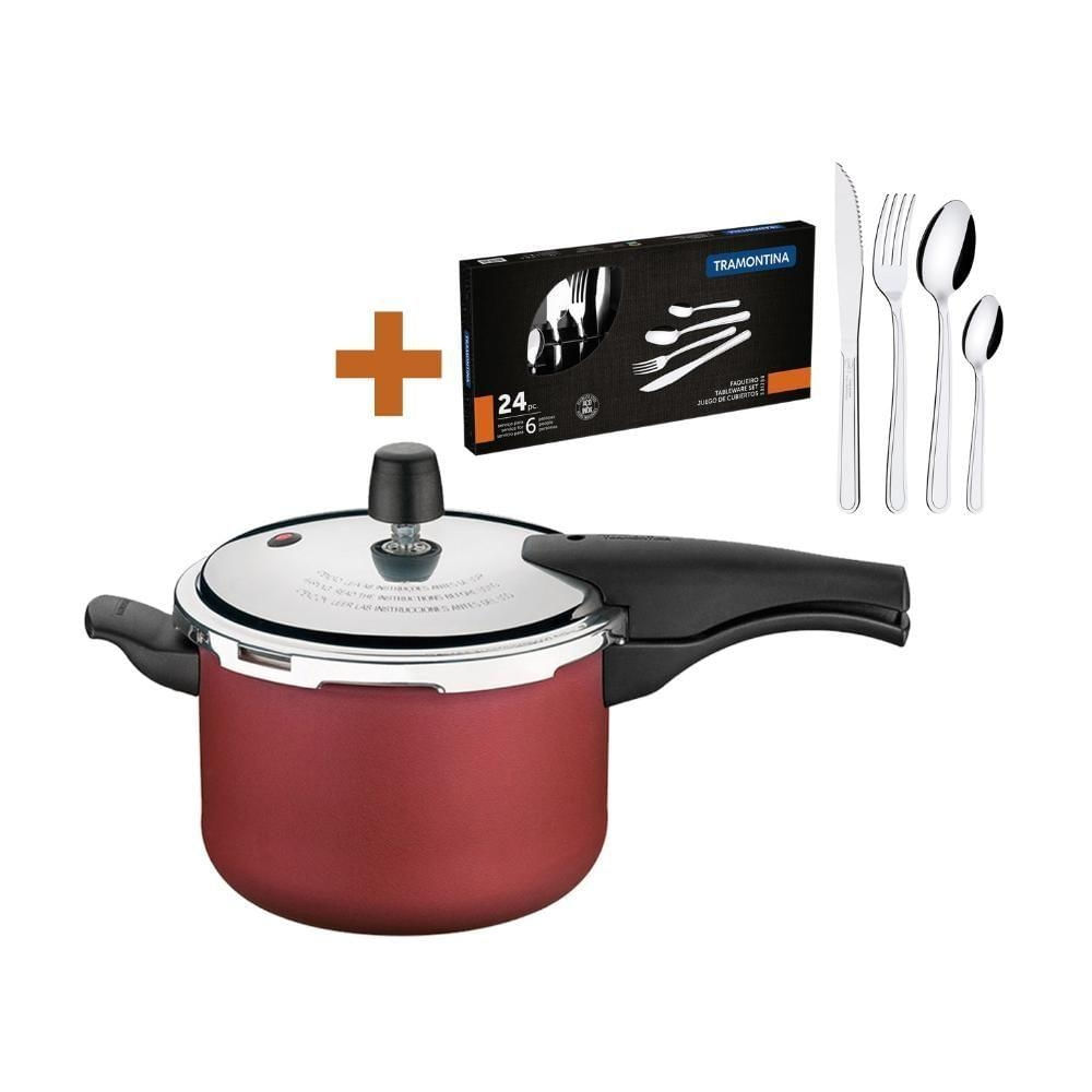 Kit Panela de Pressão Vancouver Alumínio Antiaderente 4,5L Vermelho com Faqueiro Inox Tramontina