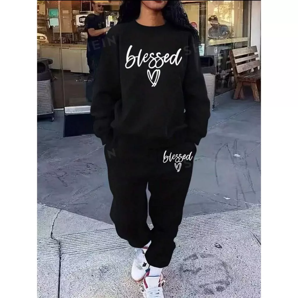 Conjunto 2 Peças Casual Algodão Blusa Moletom Careca Blessed Coração Gola Redonda + Calça Moletom Blessed