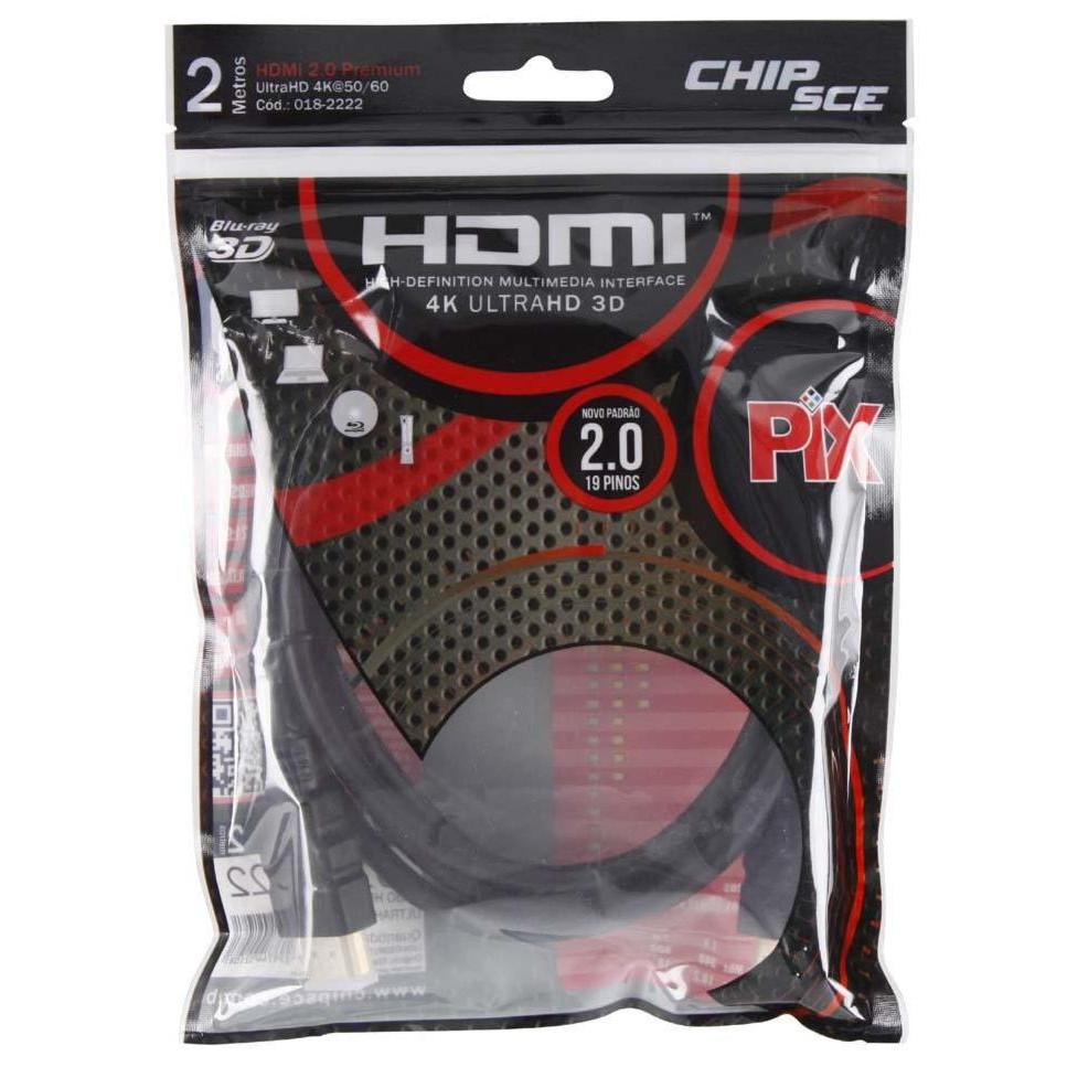 Cabo HDMI 2.0 Premium - 2 metros - 19 pinos - 4K UltraHD 3D - Chip SCE 018-2222