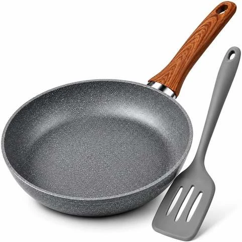 Frigideira Antiaderente 24 Cm Com Espátula Silicone, Revestimento Ceramico Granitado, Cabo Com Efeito Madeira, Fogão A Gás Indução Elétrico, Ovos, Carnes, Legumes, Refeições Do Dia