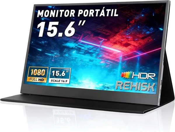 Monitor Portátil IPS 15.6" Full HD 1080p, Ultrafino, USB-C/HDMI, Capa Inteligente e Alto-falantes - Extensor de Tela para Laptop e Viagem