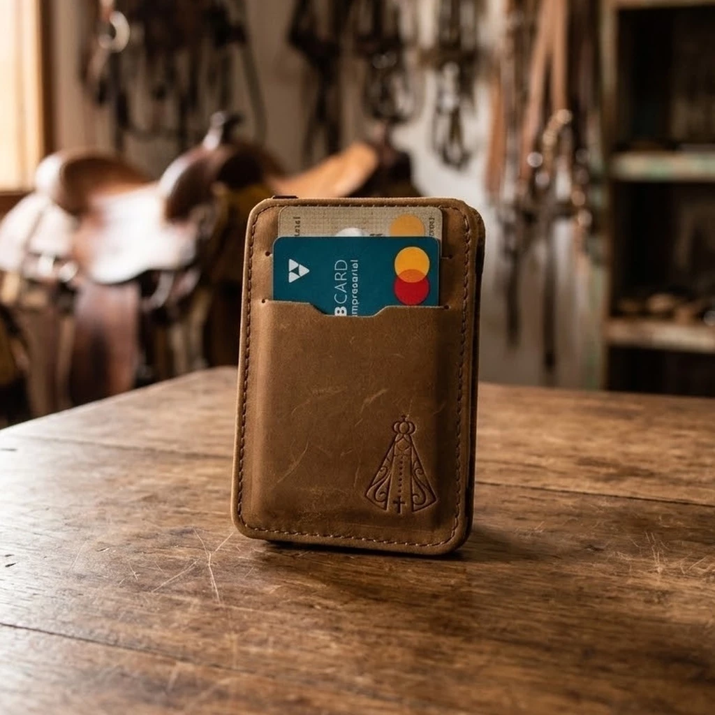 Carteira Mágica Porta Cartão Couro Legítimo Nossa Senhora Aparecida Gravada Slim Religiosa Magic Wallet Caramelo Preta