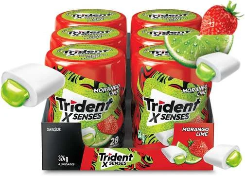 Chiclete Trident Xsenses Morango Lime Sem Açúcar Garrafa - Caixa Com 6 Unid. De 54g