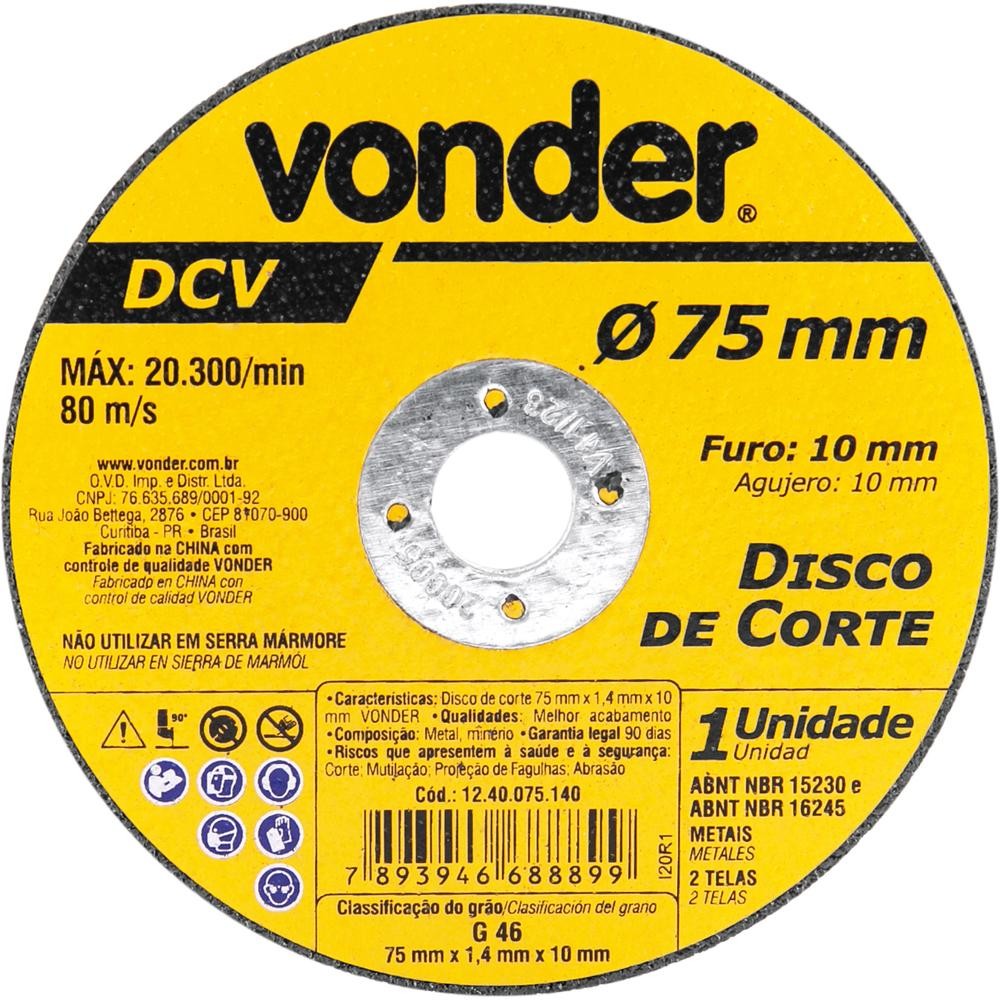 Disco de Corte 75 mm x 1,4 mm x 10 mm Vonder