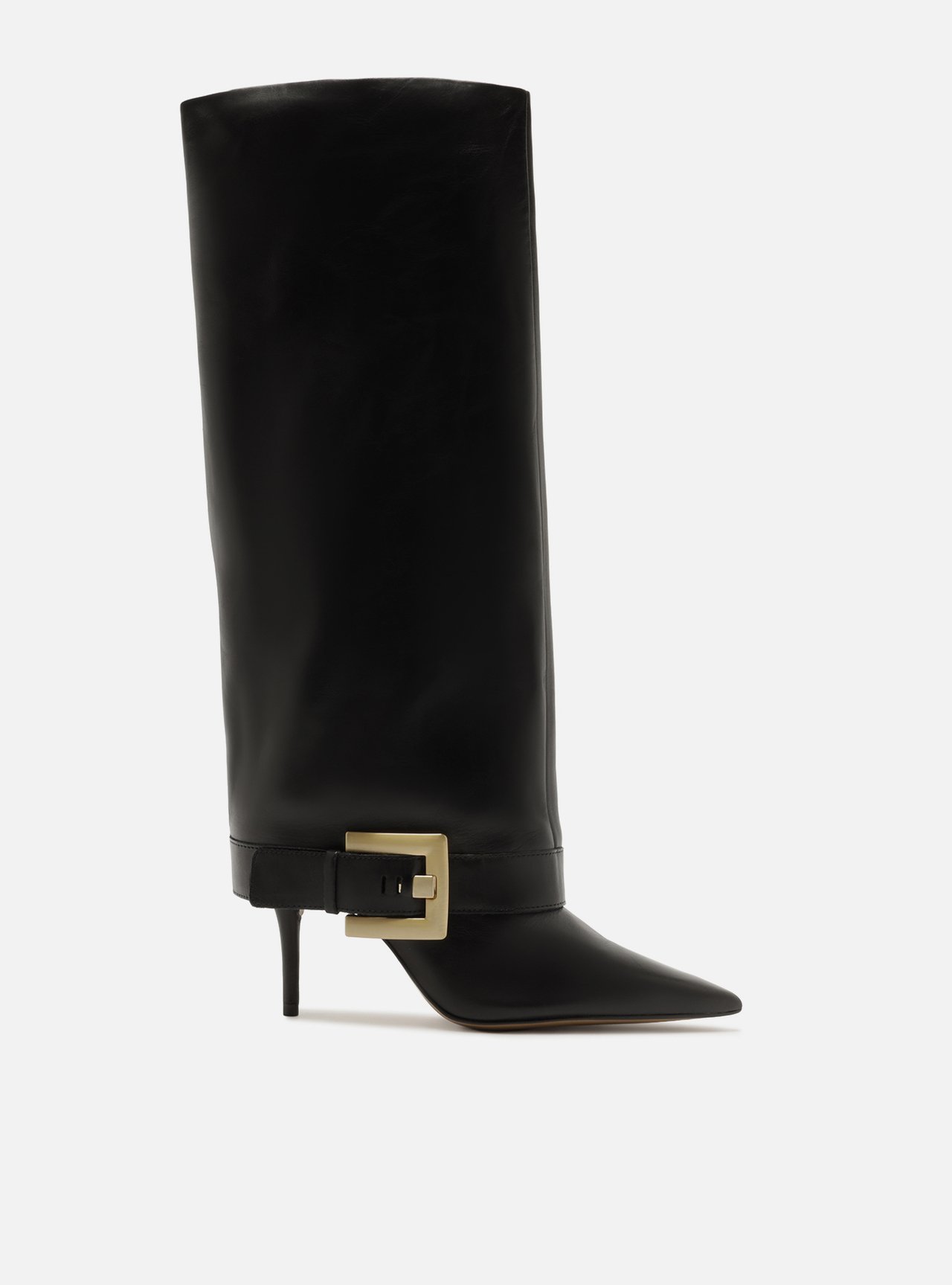 Bota Preta Cano Longo Polaina Bico Fino Fivela Dourada