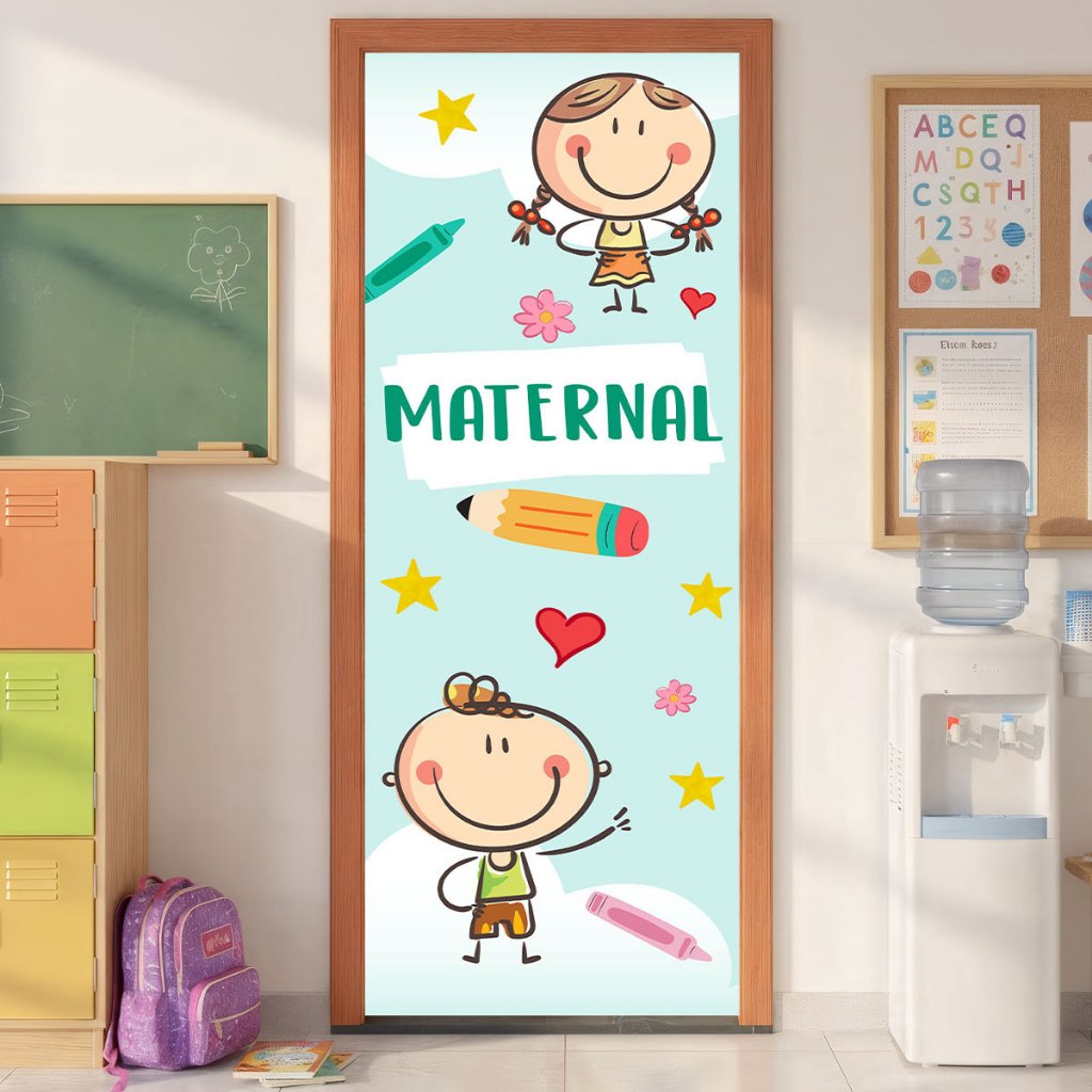 Capa De Porta Escolar Maternal Decoração Em Tecido Com Elástico Veste Porta Retangular 0,85x2,10m