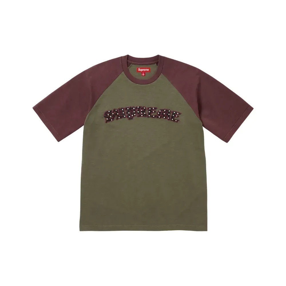 Camiseta Supreme Rhinestone Raglan S/S Olive — G / XG, Novo