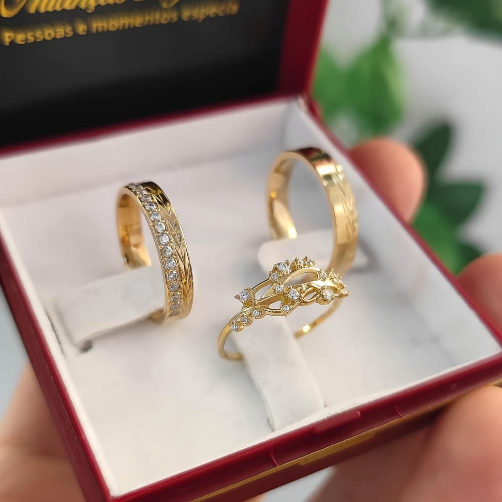 Par de Alianças Mod. Mimo 4mm 12 pedras + Anel Garden