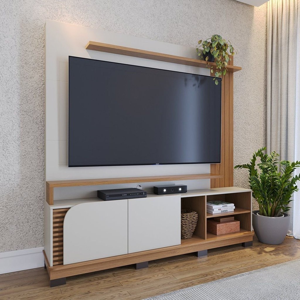 Estante Ripado para TV até 75 Polegadas 182CMX187CM 2 Portas Jurerê Branco Off White Matte/Freijó