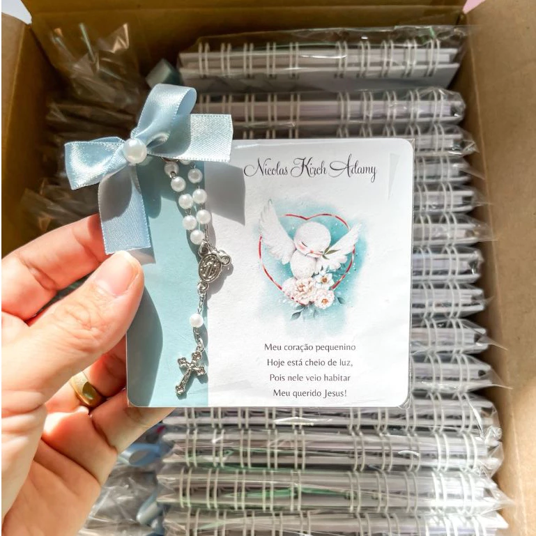 10 Mini Terço Personalizado com Cartão / Lembrancinha para Batizado/Primeira Eucaristia