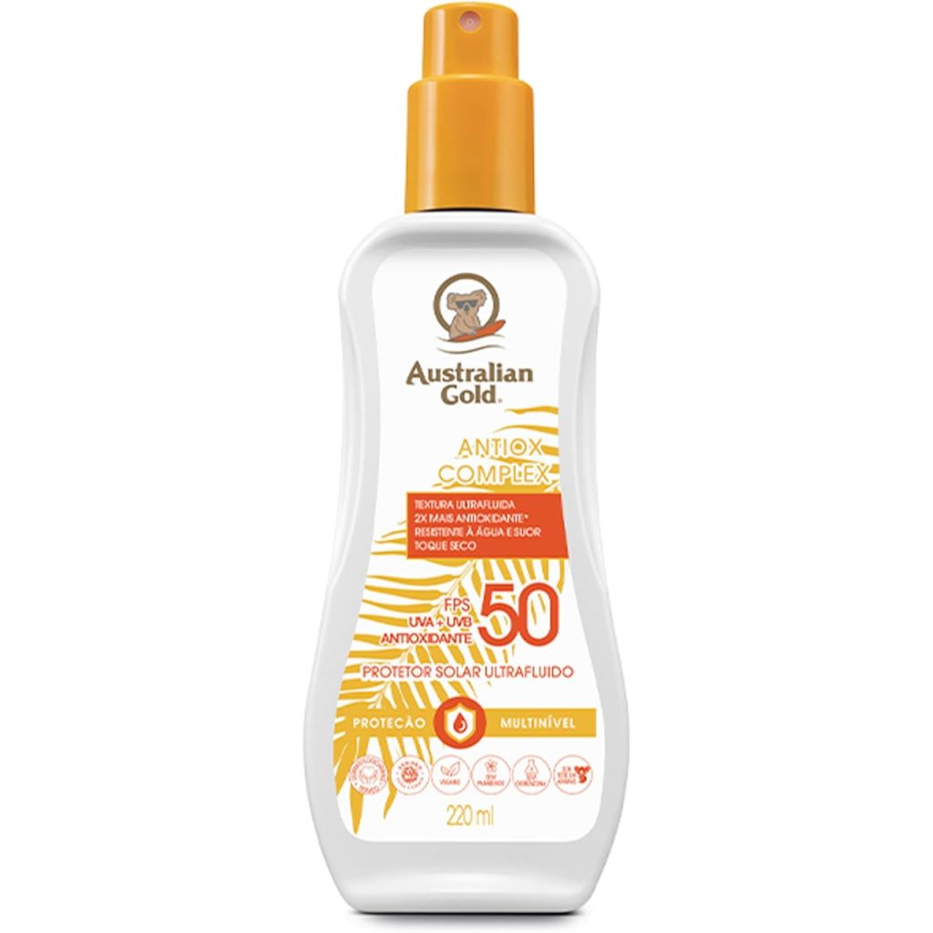 Protetor Solar Corporal Spray Australian Gold Antiox Complex Ultra Fluido FPS50 Com 220ml