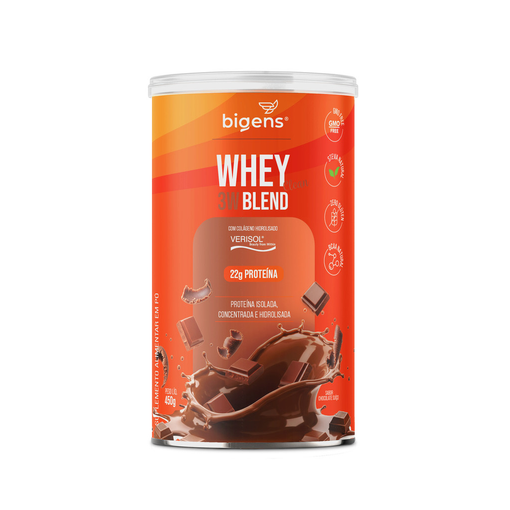 Bigens Whey 3W - Chocolate Suiço – 22g Proteína, BCAAs e Verisol® | 450g