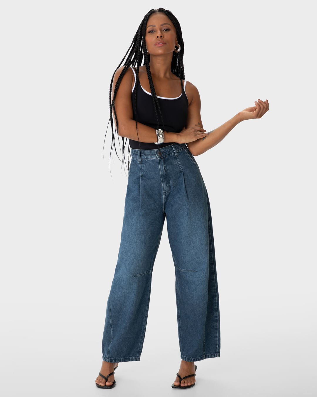 Calça Feminina Barrel Cintura Média Em Jeans 100% Algodão - ENFIM — Azul - 36