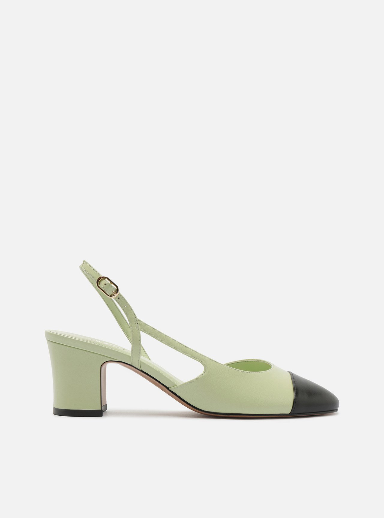 Scarpin Verde Bicolor Couro Salto Médio Bloco Slingback