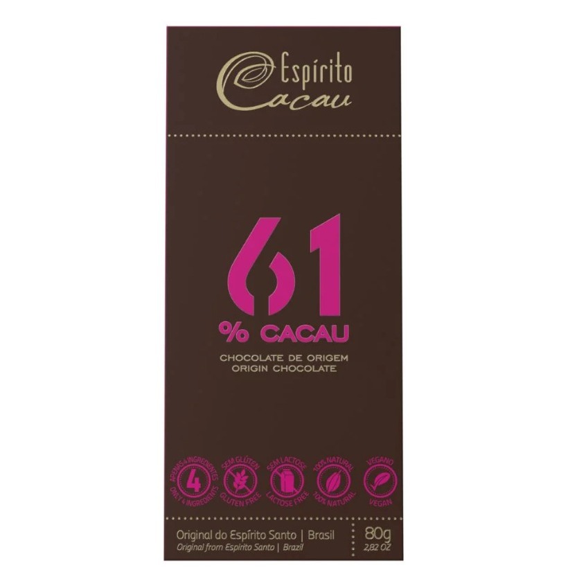 Foto 2 de Tablete de Chocolate Amargo 61% Cacau Vegano Zero 80g - Espírito Cacau