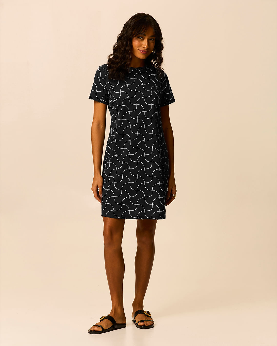 Vestido Feminino Estampado Com Decote Redondo Em Algodão — Preto - XGG