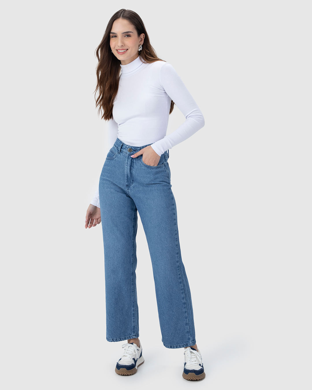 Calça Straight Cropped Feminina Cintura Alta Em Jeans 100% Algodão — Azul - 34