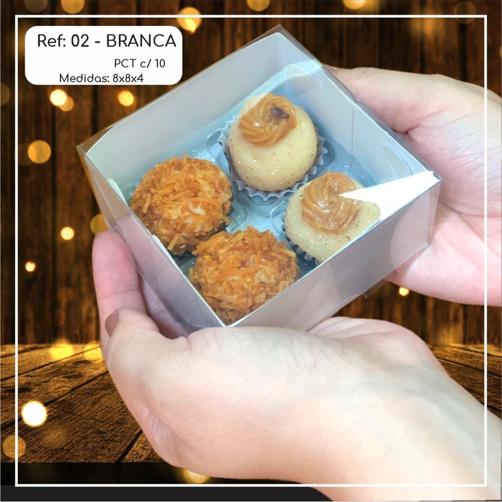 Foto 2 de 10~50 Caixas Embalagem 4 Doces Com Visor em Acetato BRANCA 8x8x4 - Ref. 02 (CHOCO)//