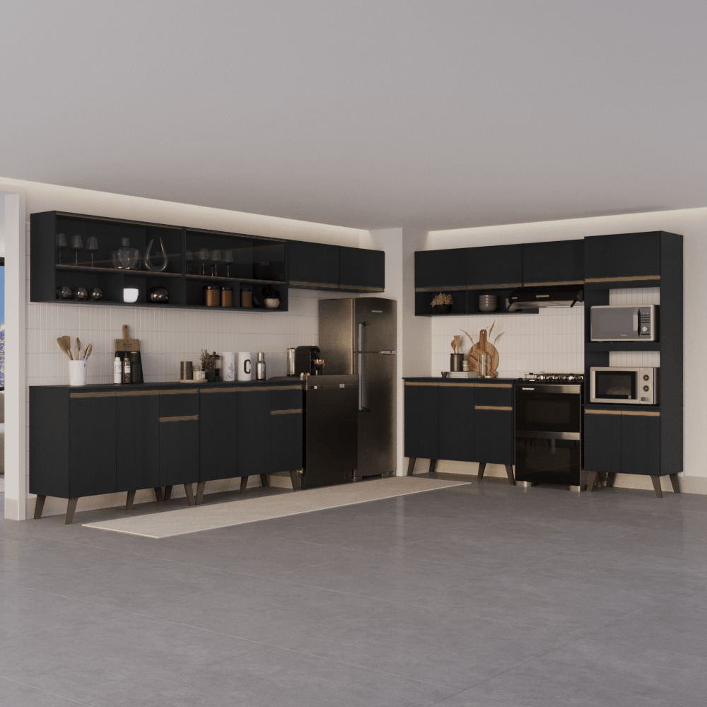 Armário de Cozinha Completa Atlanta Point com Vidro Carraro Preto Touch