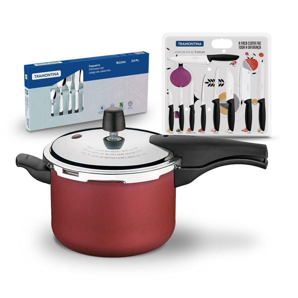 Kit Panela de Pressão Vancouver Alumínio Antiaderente 4,5L Vermelha com Faqueiro Inox e Facas