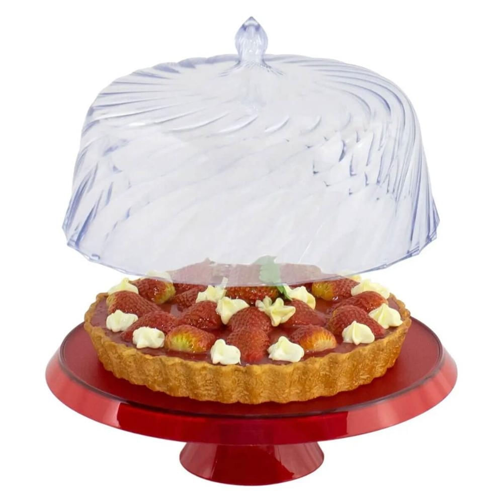 Foto 2 de Boleira Porta Bolo com Cúpula e Pé 25cm Vermelho Transparente Glassy Crippa Doces