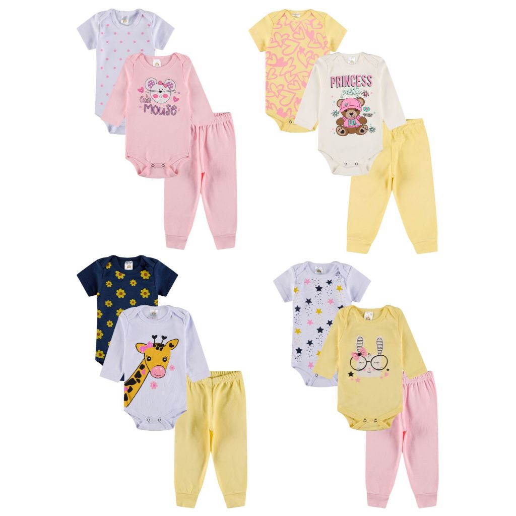 Kit Body 6 Peças de Roupas para Bebê Menina (2 Body Curto + 2 Body Longo + 2 Calça Mijão) Kit 2 Conjuntos Body