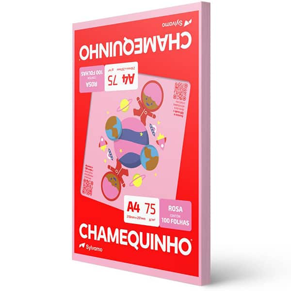 Papel Sulfite Chamequinho Rosa A4, 75g, 210x297mm, Uso Escolar Artístico Profissional, 100 Folhas - PT 100 FL