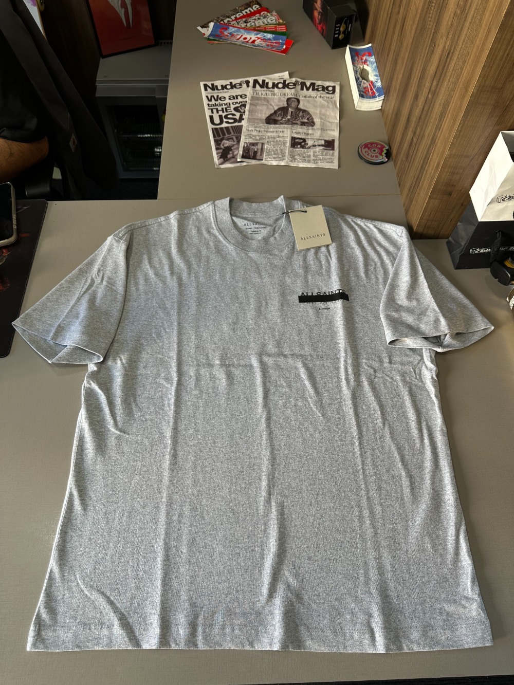 Camiseta AllSaints Redact Oversized Embroidered Logo Grey Marl — PP, Novo